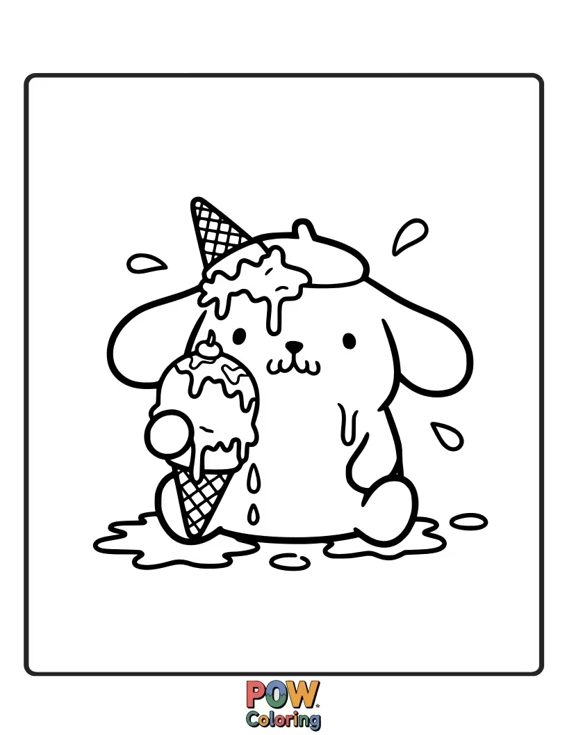 Free coloring page of Pompompurin mishap with ice cream in head of melting ice cream, only his wagging tail visible.