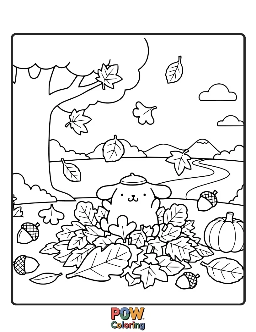 Free coloring page of Pompompurin enjoys the crisp autumn air surrounded by falling leaves.