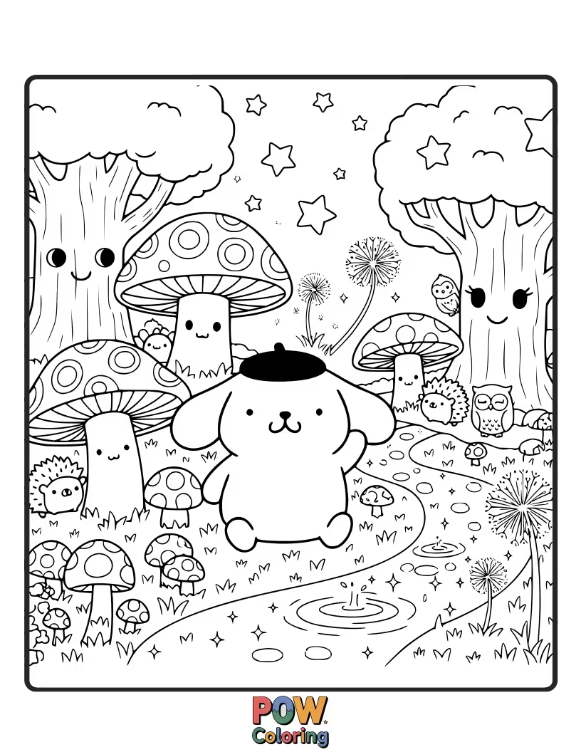 Free coloring page of Pompompurin explores a whimsical forest filled with glowing mushrooms.