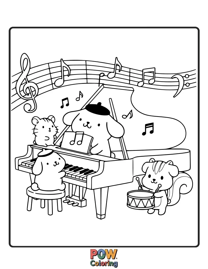 Free coloring page of Pompompurin plays a sweet tune on his adorable ukulele.
