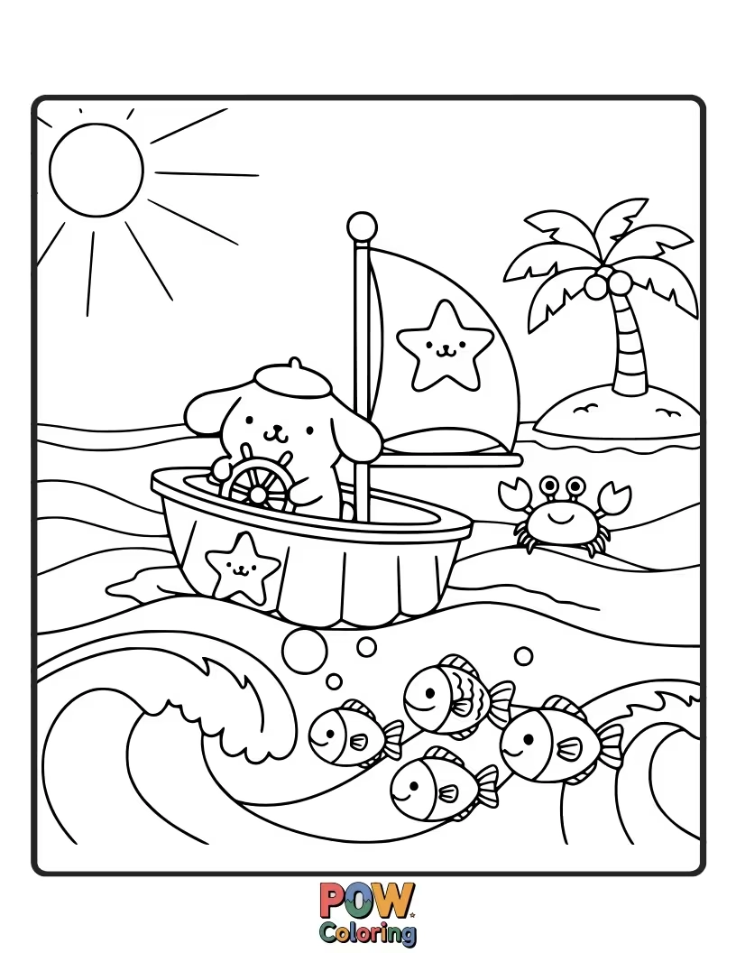 Free coloring page of Set sail with Pompompurin on a cute boat, exploring the blue ocean.