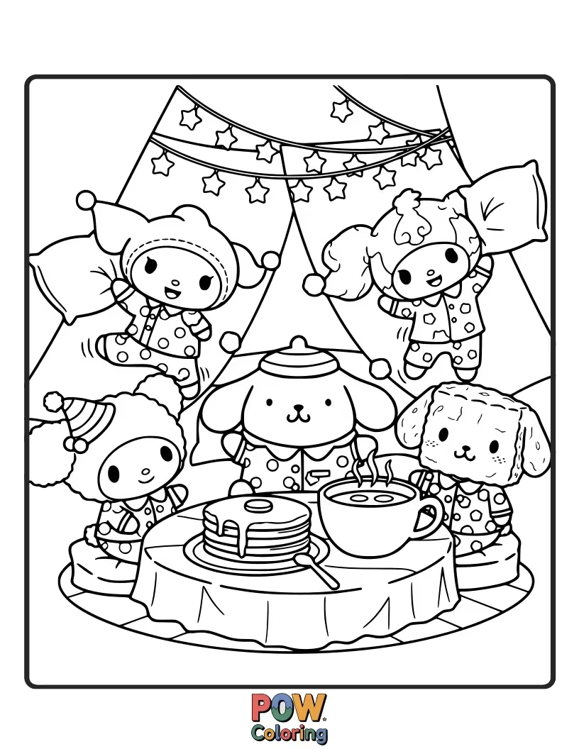 Free coloring page of Pompompurin in his comfiest pajamas, surrounded by pillows and stuffed animals, ready for a night of fun and giggles.