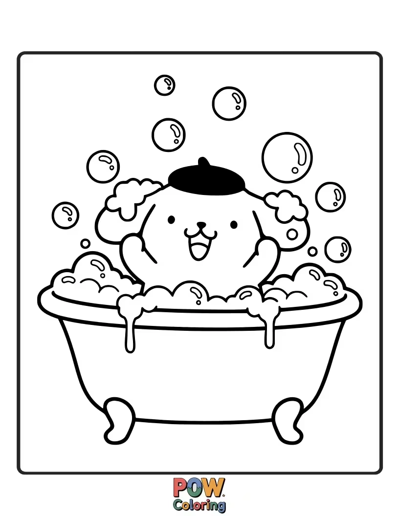 Free coloring page of Pompompurin splashes joyfully in a bubbly bathtub with bath toys.