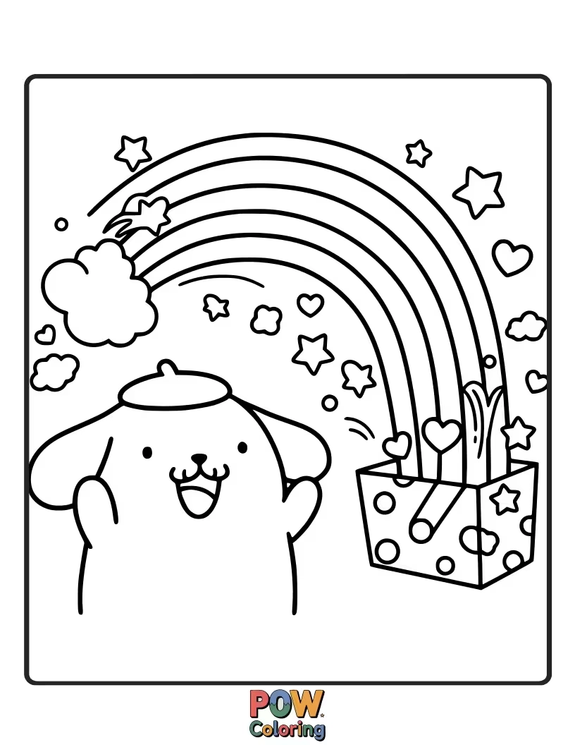 Free coloring page of Pompompurin stands at the end of a vibrant rainbow.