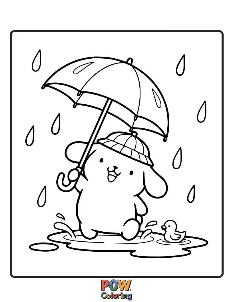 Free coloring page of Pompompurin dances in the rain with his yellow umbrella.