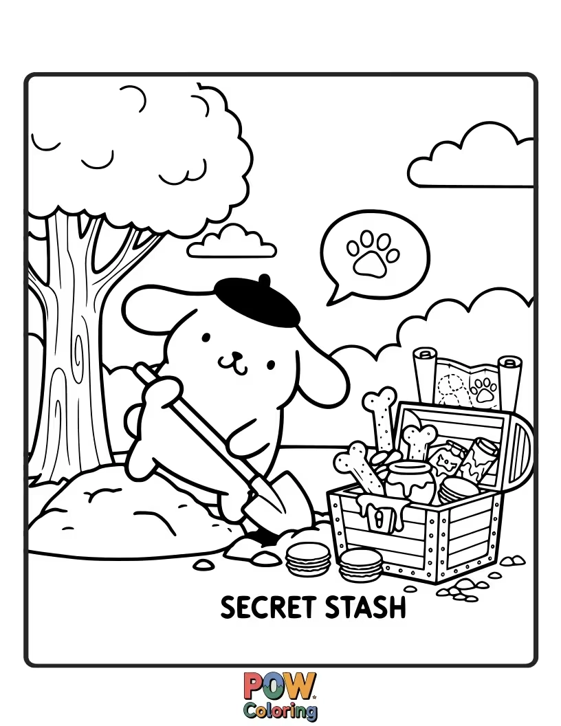 Free coloring page of Pompompurin peeking out from behind a treasure chest filled with his favorite snacks and cute trinkets.