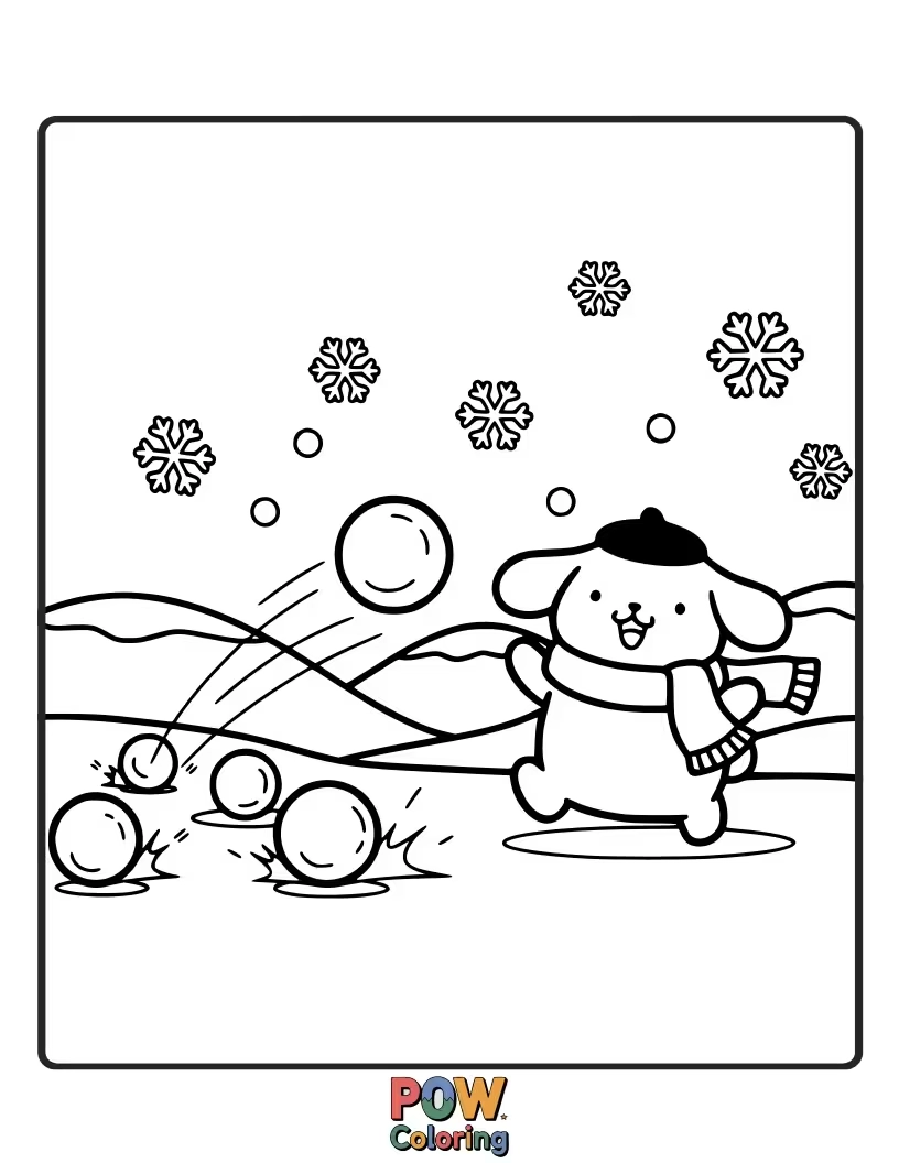 Free coloring page of Pompompurin playfully throwing a giant snowball, a happy grin on his face and snowflakes dusting his fur.
