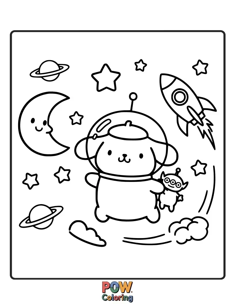 Free coloring page of Pompompurin blasts off into space in a cute rocket ship.