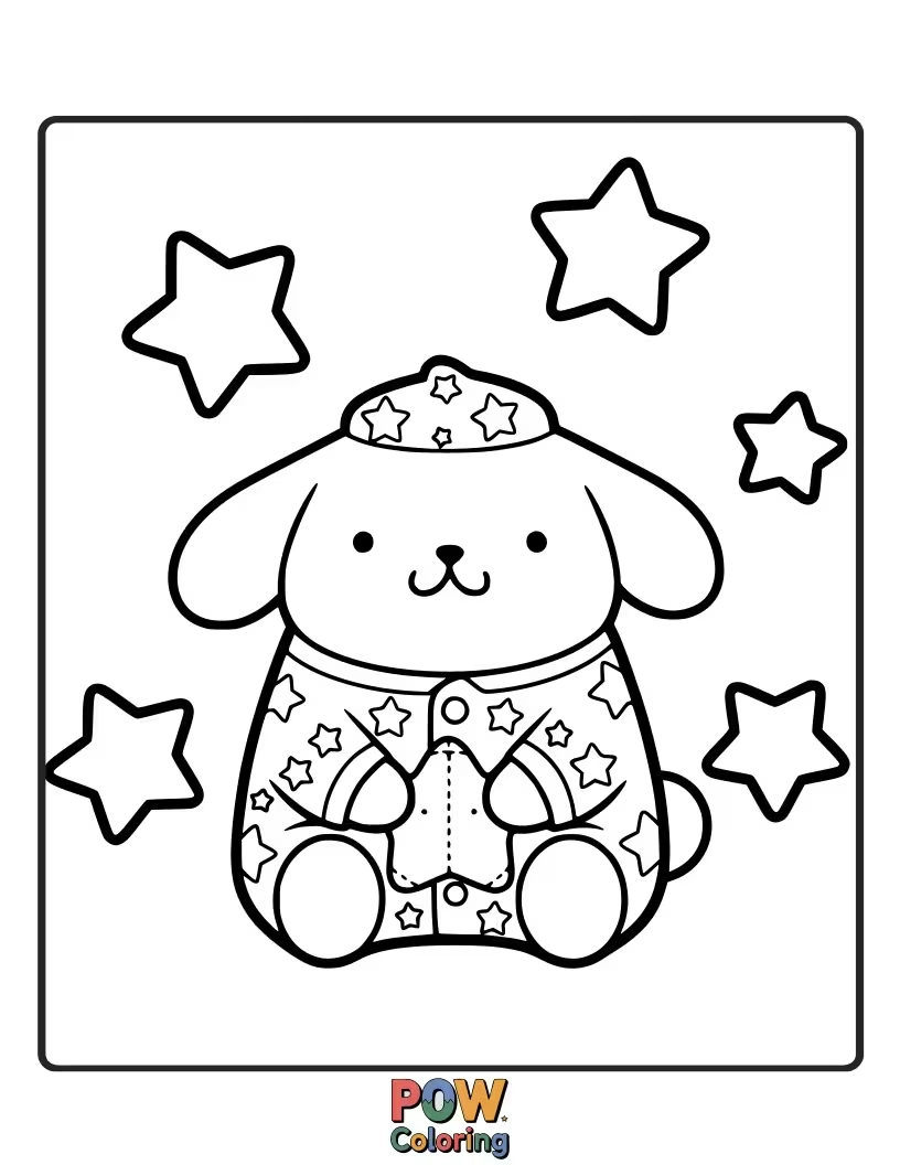 Free coloring page of Pompompurin is ready for bed, wearing star-patterned pajamas.