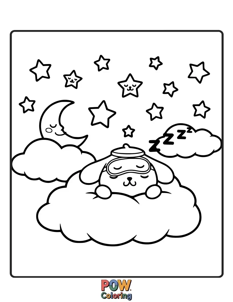 Free coloring page of Pompompurin gazing up at a sky filled with twinkling stars and a friendly moon, dreaming sweet dreams.