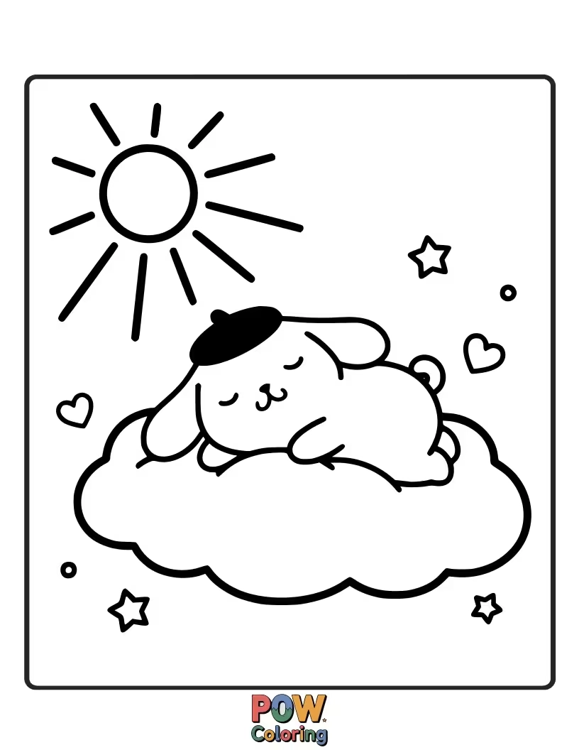 Free coloring page of Pompompurin snoozing peacefully in a giant, fluffy cloud, dreaming of ice cream and warm sunshine.