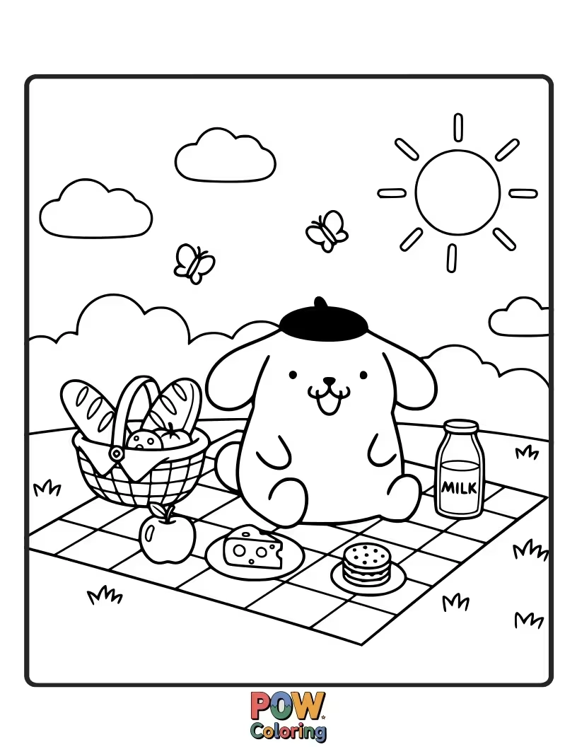 Free coloring page of Pompompurin enjoying a picnic with friends under a bright sun.