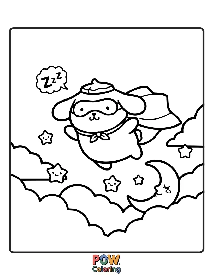 Free coloring page of Pompompurin wearing a superhero cape and mask while sound asleep, dreaming of heroic naps and cozy adventures.