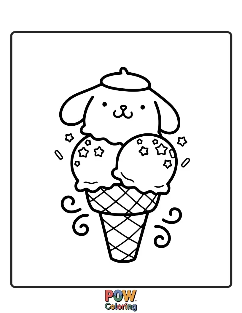 Free coloring page of Color Pompompurin enjoying a giant, colorful ice cream cone.