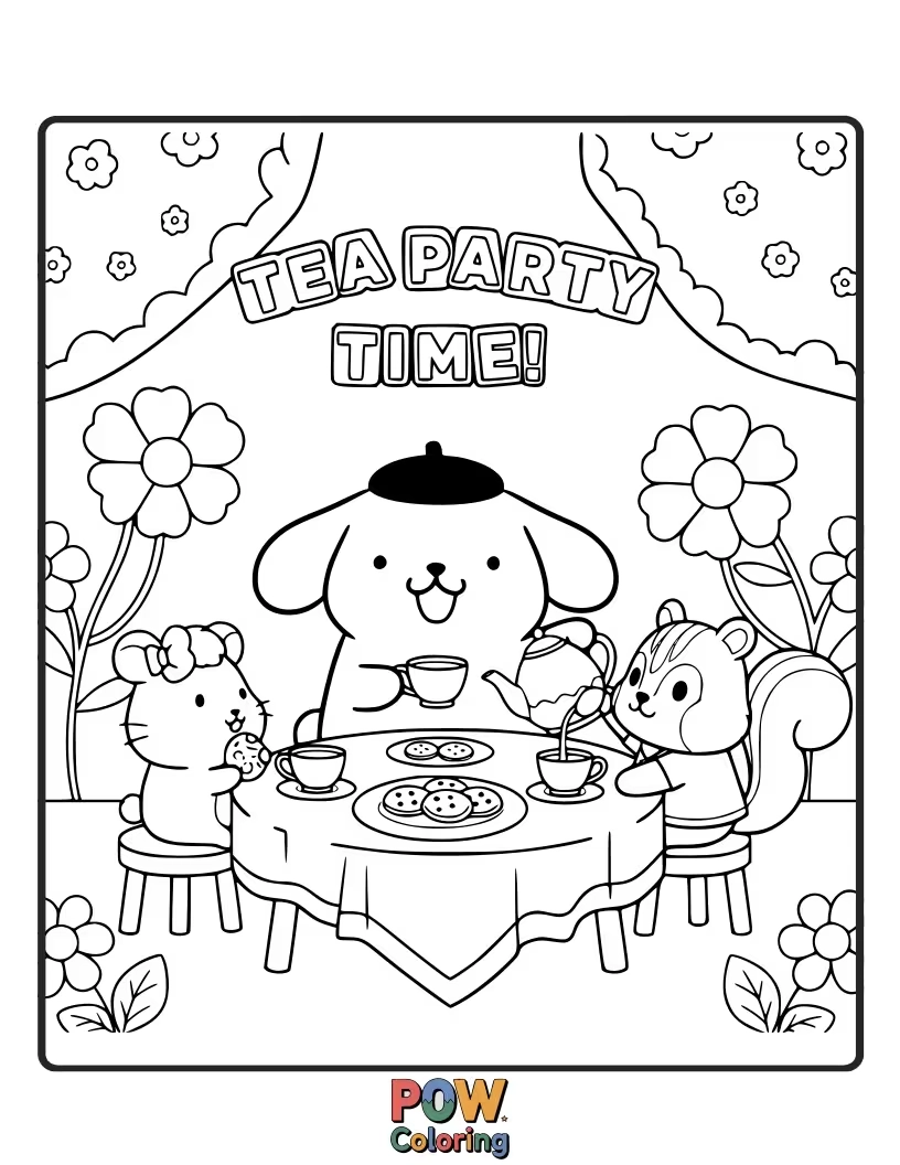 Free coloring page of Pompompurin hosts a charming tea party with his friends.