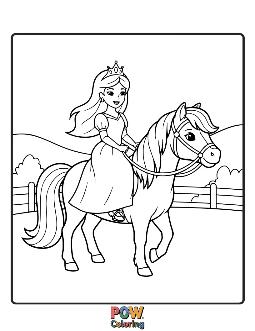 Free coloring page of A happy princess enjoying a fun pony ride through a meadow of wildflowers.