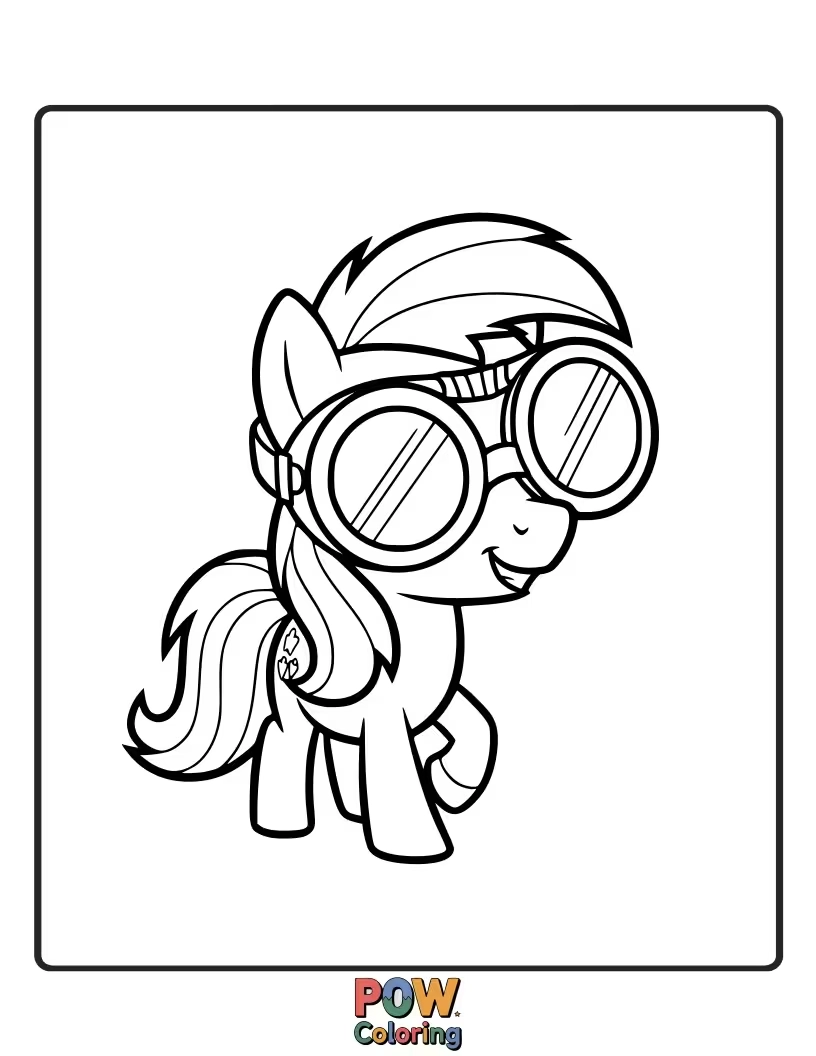 Free coloring page of A curious pony wearing oversized aviator goggles, looking ready for adventure.