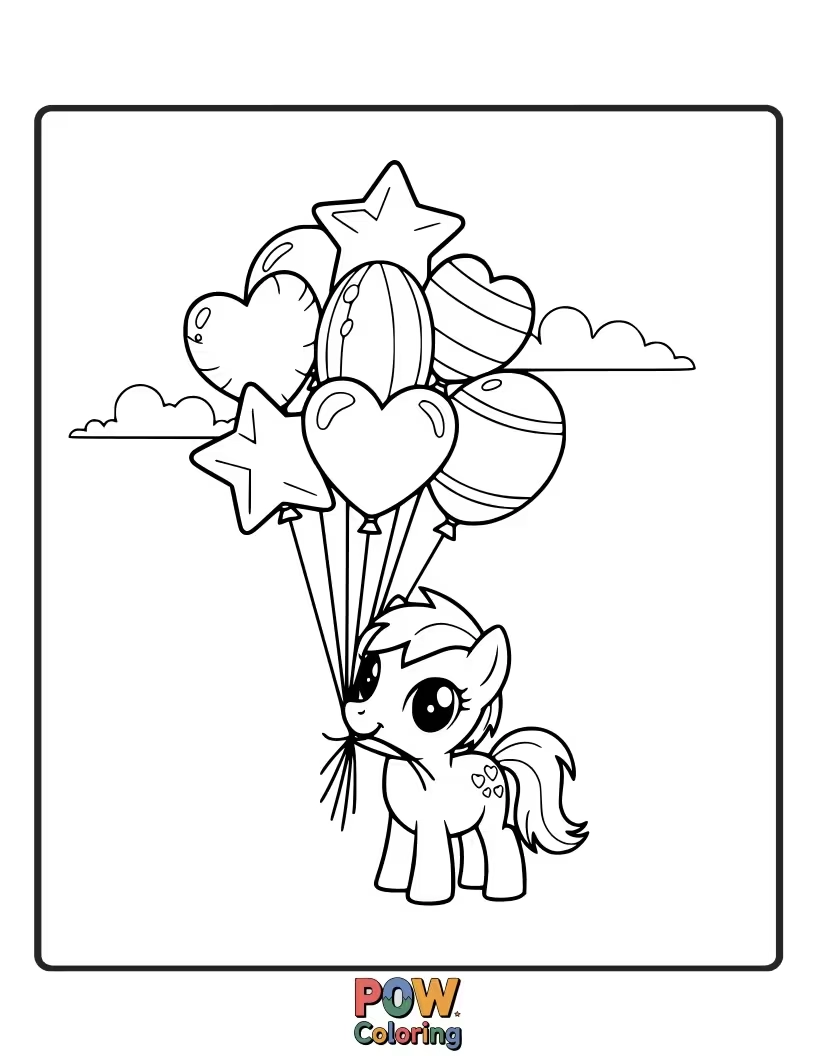 Free coloring page of A delighted pony holding onto a massive bouquet of colorful balloons, floating slightly.