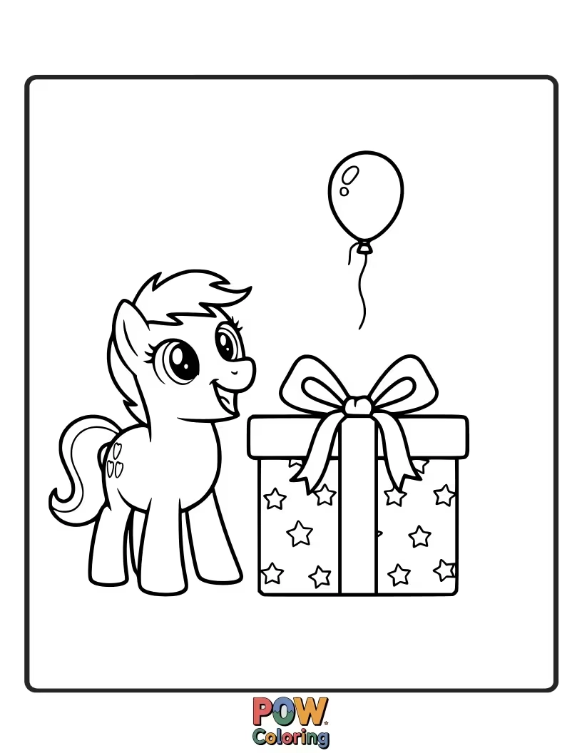 Free coloring page of A pony peeking out of a giant gift box, and a balloon flying over.