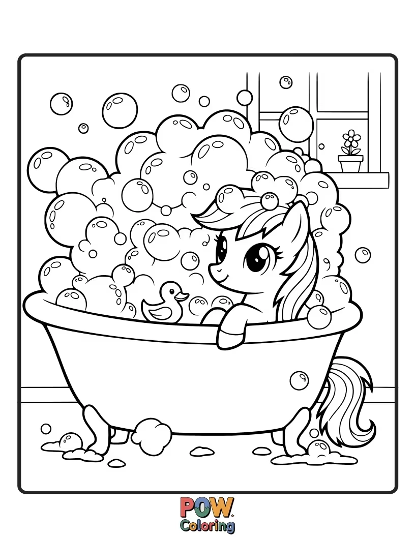 Free coloring page of A joyful pony having a bubble bath with rubber duckies and soap suds.