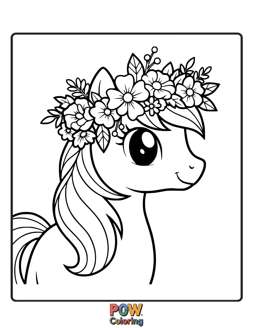 Free coloring page of A sweet pony adorned with a large, whimsical flower crown made of colorful blooms.