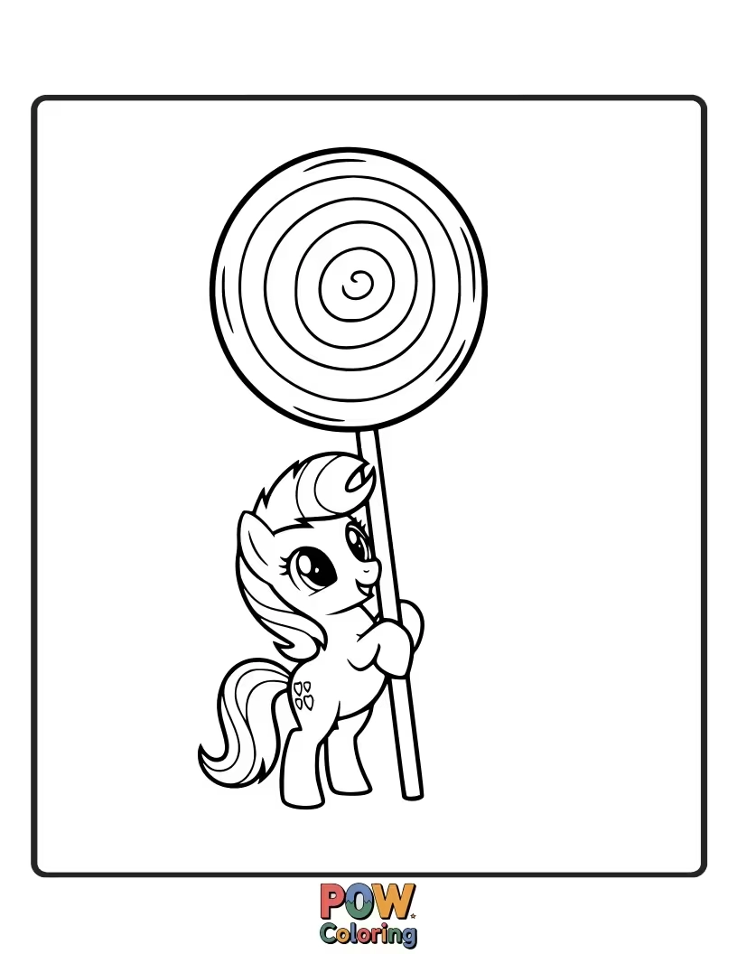 Free coloring page of A pony happily licking a lollipop bigger than its entire body.