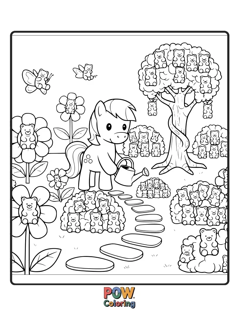 Free coloring page of A pony exploring a garden where all the flowers are giant gummy bears.