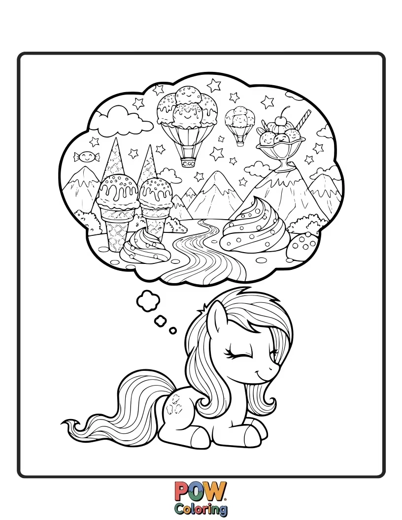 Free coloring page of A pony with an ice cream cone taller than itself, melting happily.