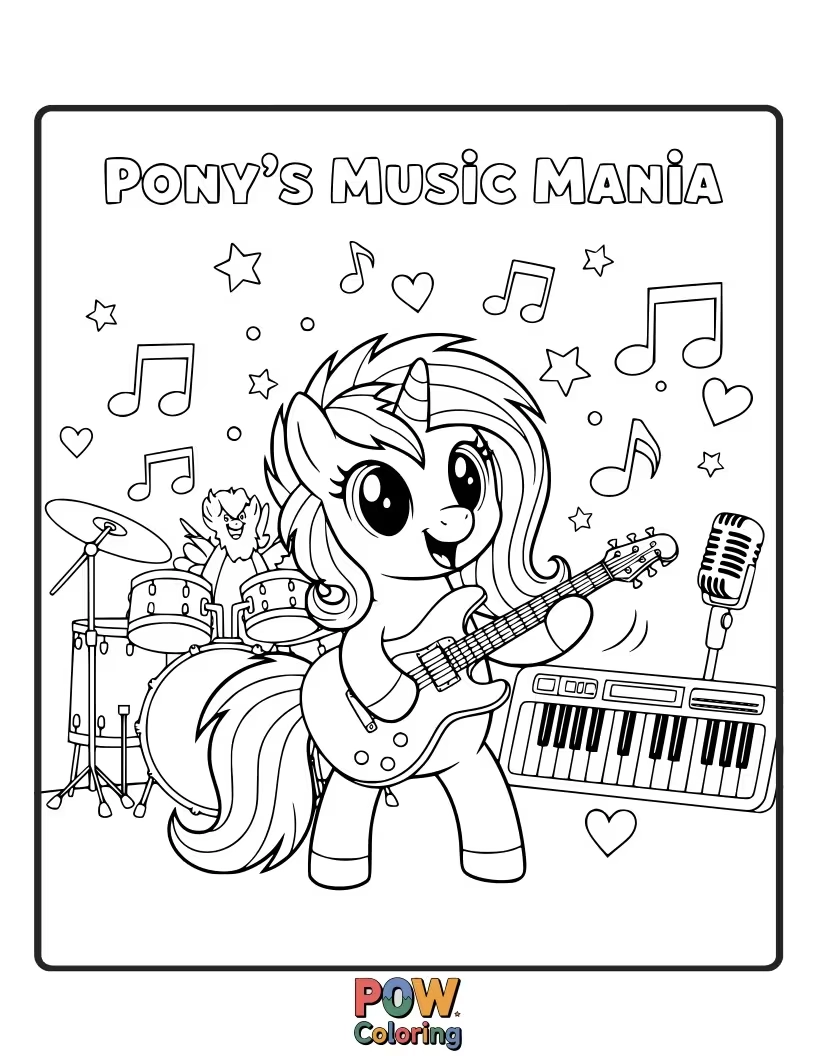 Free coloring page of A pony wearing headphones, bopping its head to music with musical notes flying around.