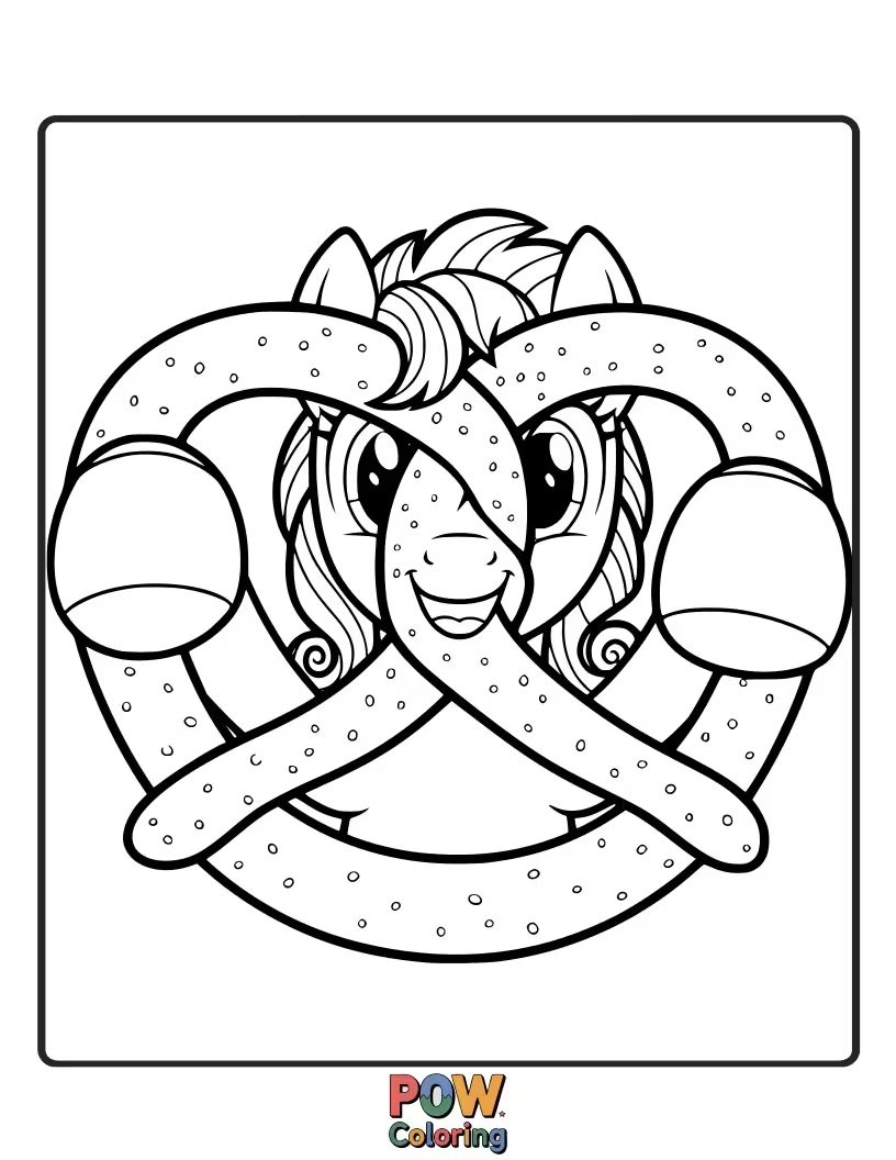Free coloring page of A pony attempting to hold a giant pretzel, struggling to get a good grip.