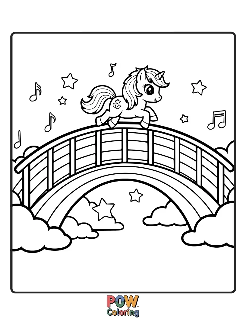 Free coloring page of A pony trotting confidently across a vibrant, shimmering rainbow bridge.