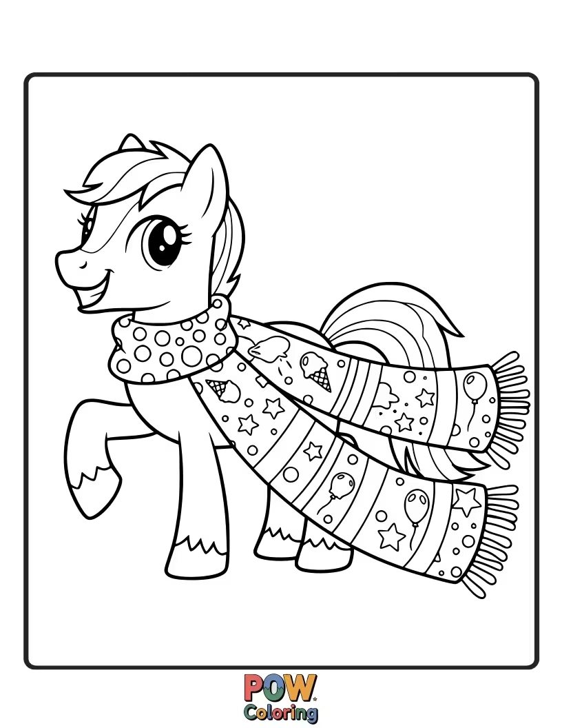 Free coloring page of A pony with a ridiculously long, striped scarf wrapped around itself multiple times.