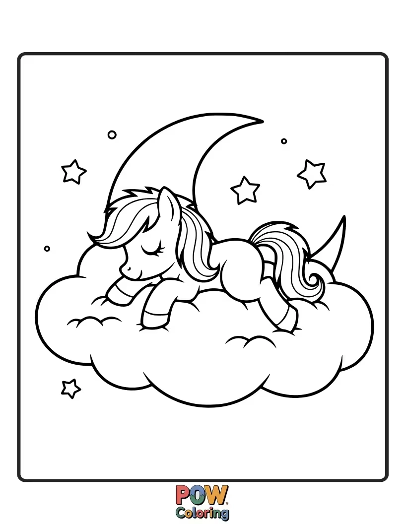 Free coloring page of A drowsy pony napping peacefully on a soft, fluffy cloud.