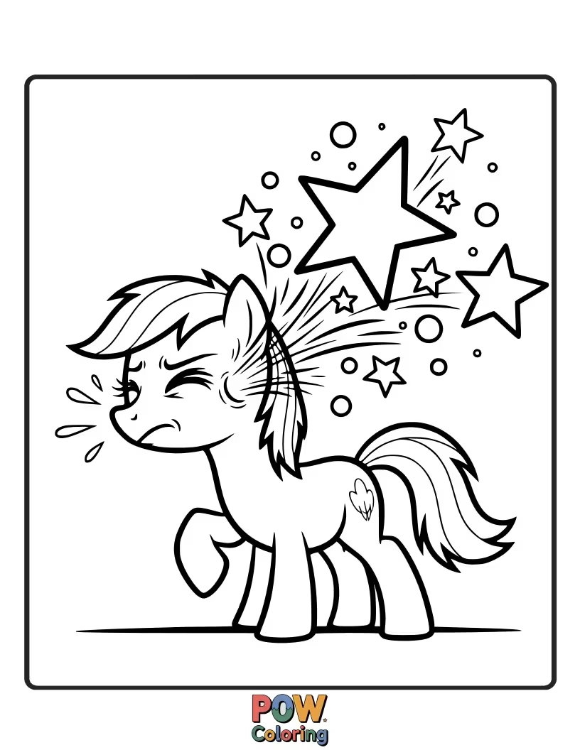 Free coloring page of A cute pony letting out a sneeze that produces a cascade of glitter.