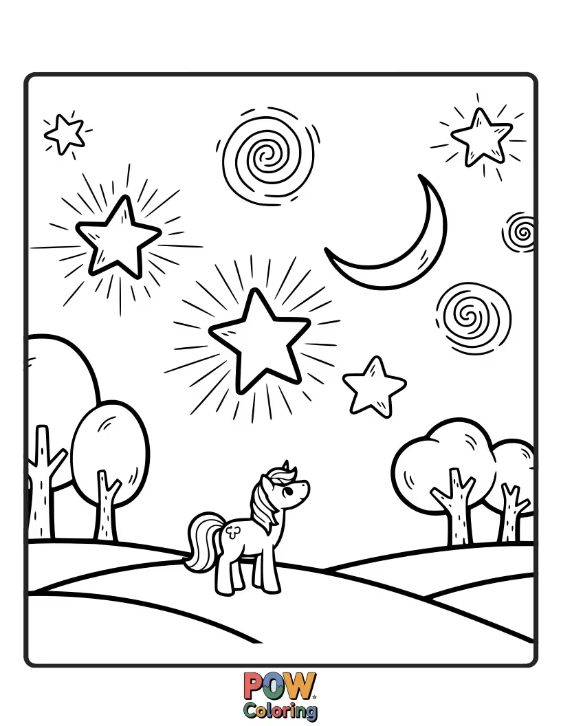 Free coloring page of A pony gazing up at a sky full of twinkling stars and a crescent moon.