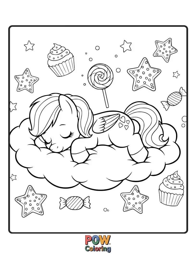 Free coloring page of A sleeping pony dreaming of clouds made of cotton candy and cookies.