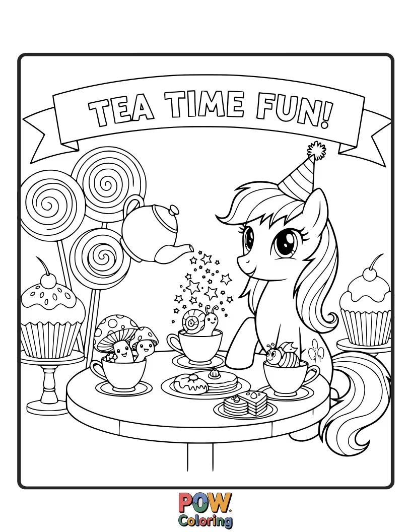 Free coloring page of A pony attempting to pour tea into a tiny teacup, spilling slightly.