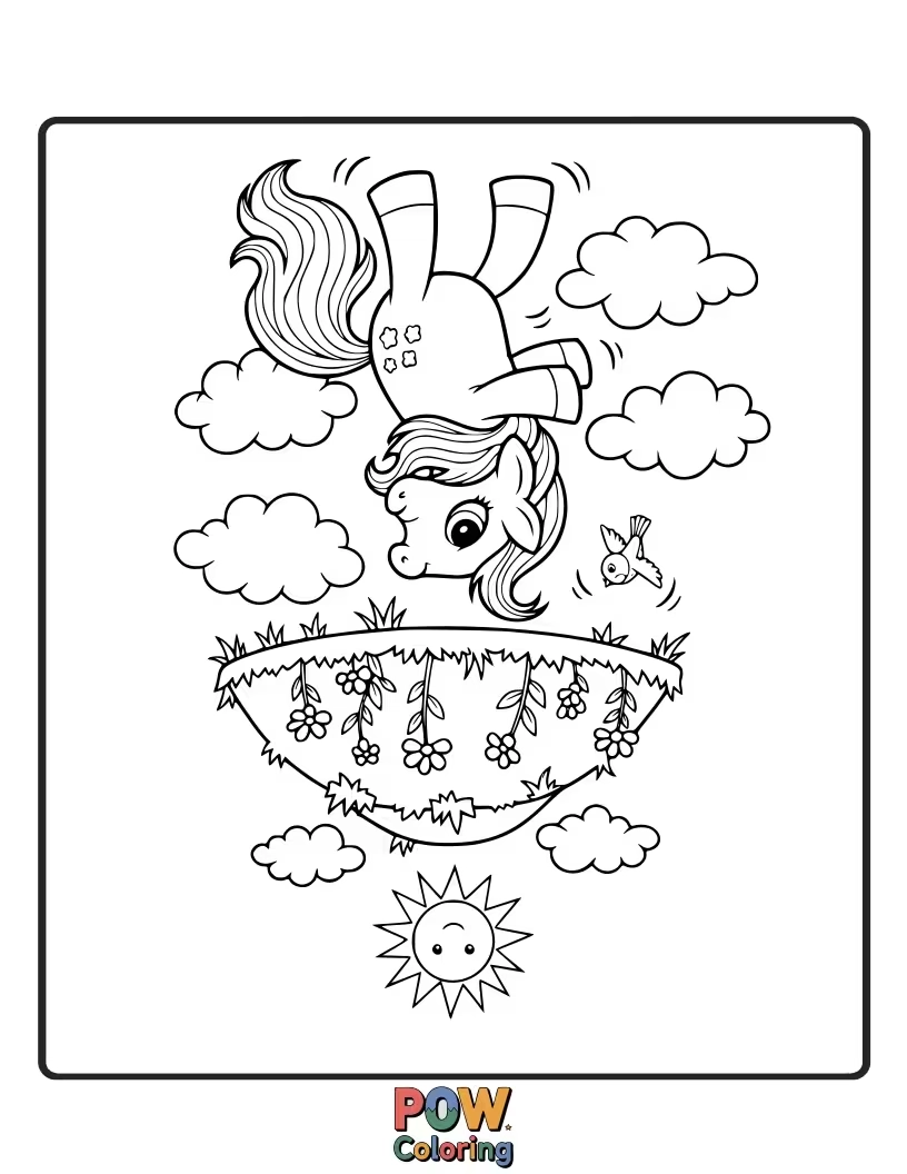 Free coloring page of A silly pony standing on its head, with its hooves in the air.