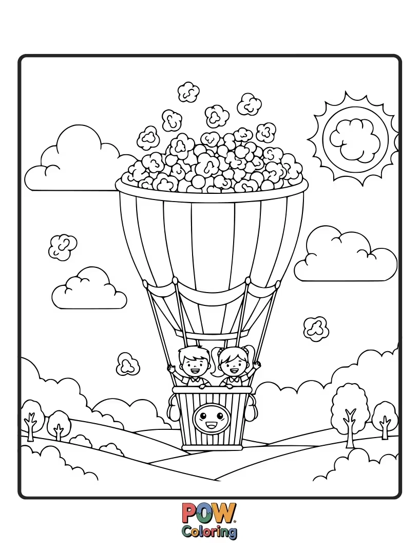 Free coloring page of A cheerful popcorn kernel floating upwards, holding onto a bunch of colorful balloons for an aerial adventure.