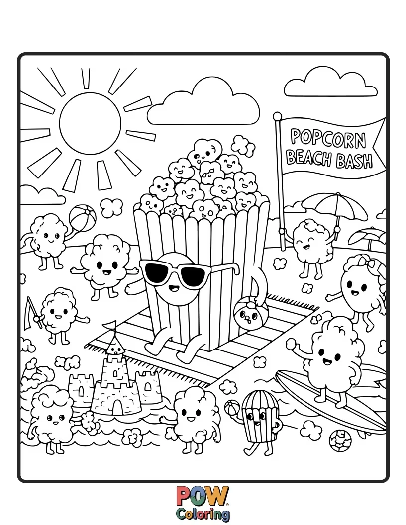 Free coloring page of Popcorn kernels building sandcastles and surfing waves on a sunny, popcorn-themed beach party.