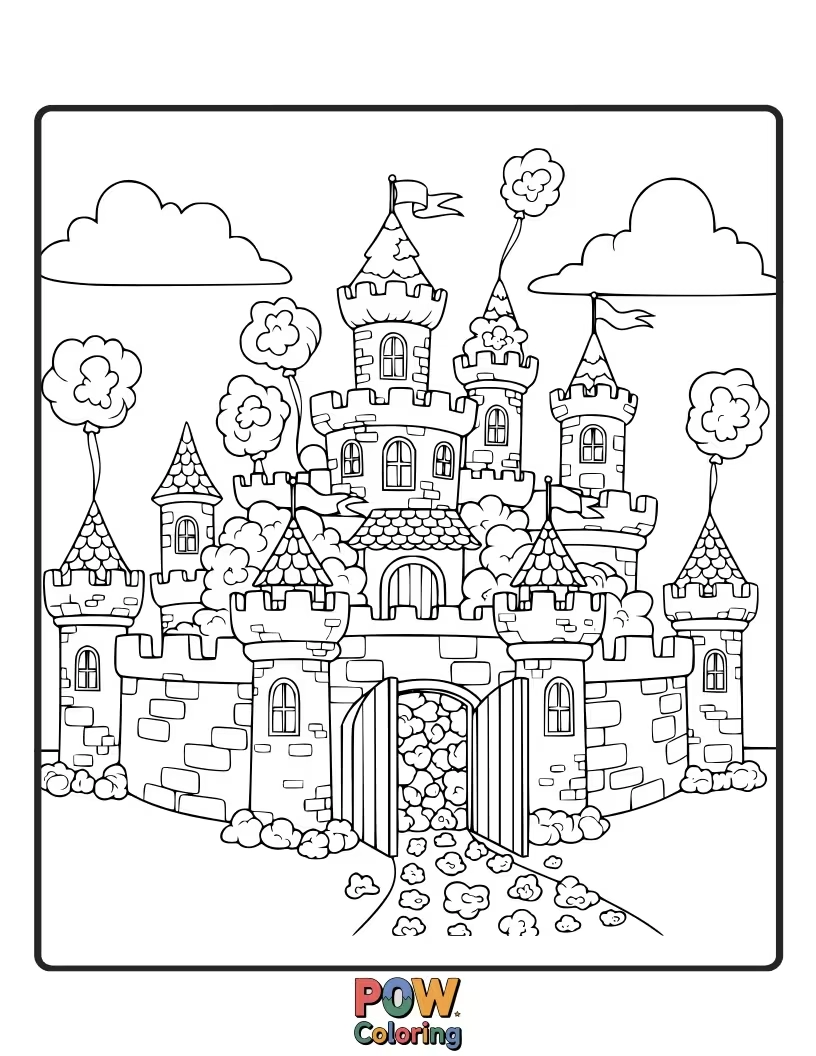 Free coloring page of A majestic popcorn kernel ruling over a kingdom made of delicious popcorn, complete with tiny towers.