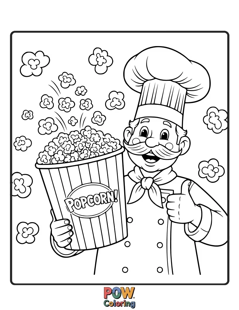 Free coloring page of A tiny popcorn kernel wearing a chef's hat happily stirring a giant pot of popping kernels.
