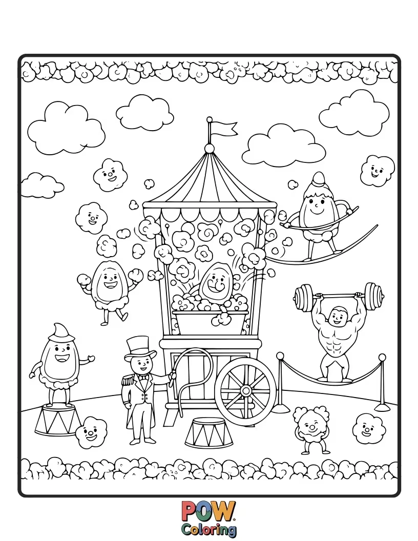 Free coloring page of A daring popcorn kernel juggles smaller kernels under a big top, entertaining a crowd of admiring popcorns.