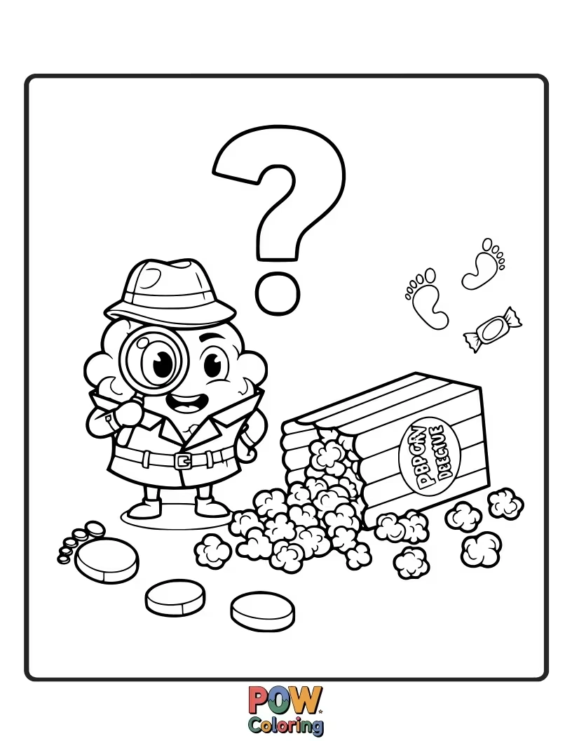 Free coloring page of A clever popcorn kernel wearing a detective hat, examining clues with a magnifying glass in a shadowy room.