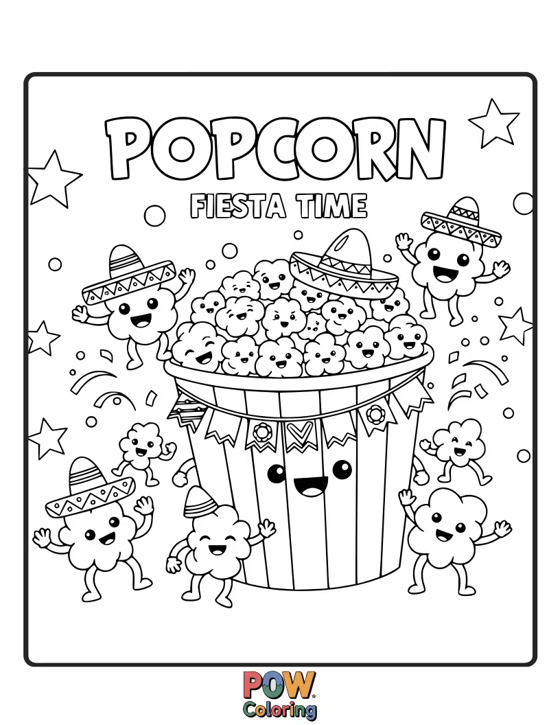 Free coloring page of A lively popcorn kernel wearing a festive sombrero, celebrating with colorful streamers and delicious snacks.