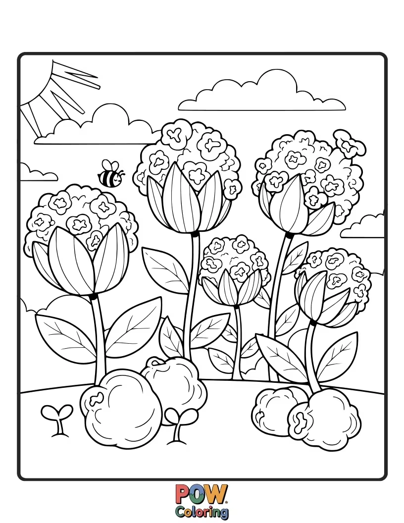 Free coloring page of Whimsical popcorn kernels growing like flowers in a magical garden, bursting with flavor and color.