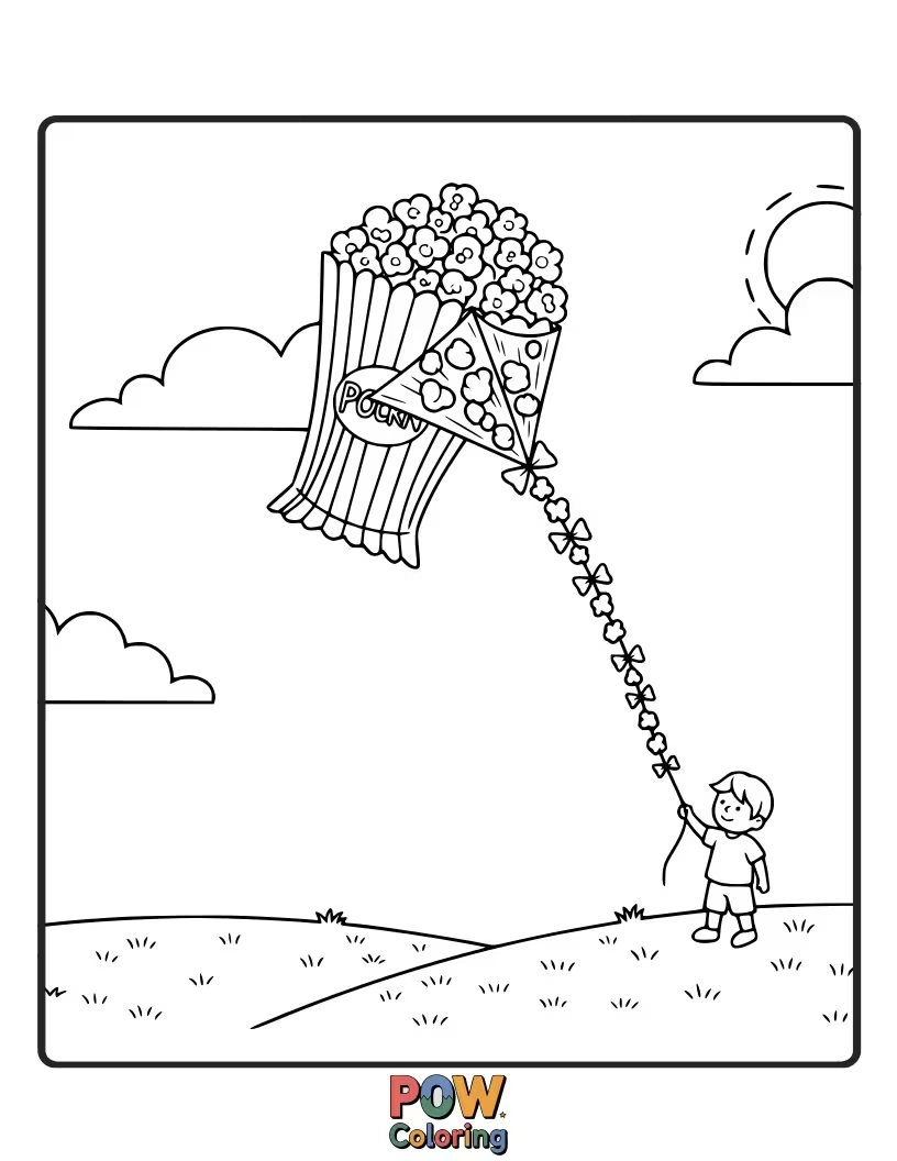 Free coloring page of A happy popcorn kernel soaring through the sky, holding onto a string attached to a colorful kite.