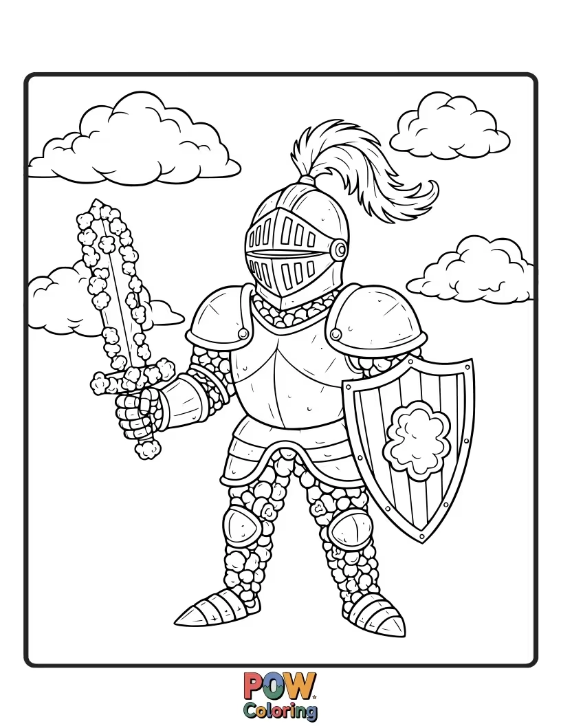 Free coloring page of A valiant popcorn kernel in a shiny suit of armor, ready to defend the snack realm.