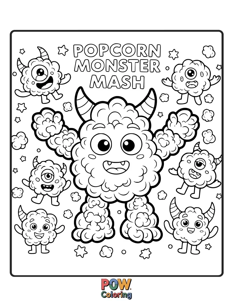 Free coloring page of Funny popcorn kernels dressed as friendly monsters, dancing and grooving to spooky, fun music.