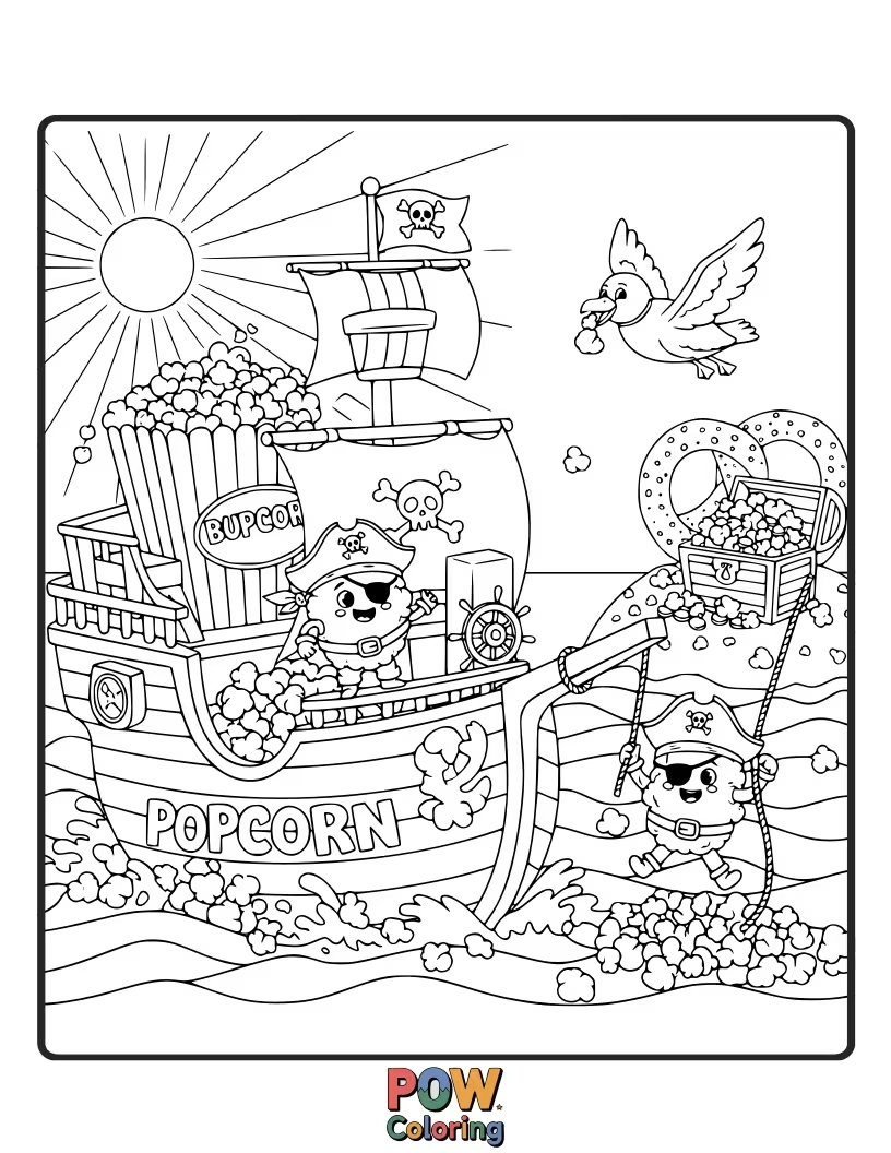 Free coloring page of A brave popcorn kernel with an eyepatch and bandana sets sail on a butter-scented ocean, searching for treasure.